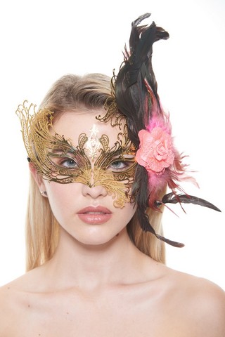 Kayso Fbf003gd-pk Majestic Gold Swan Laser Cut Masquerade Mask With Feathers & Pink Flower Arrangement - One Size