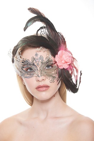 Kayso Fbf003sl-pk Majestic Silver Swan Laser Cut Masquerade Mask With Feathers & Pink Flower Arrangement - One Size