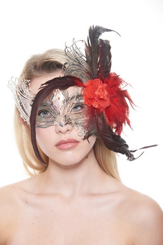 Kayso Fbf003sl-rd Majestic Silver Swan Laser Cut Masquerade Mask With Feathers & Red Flower Arrangement - One Size