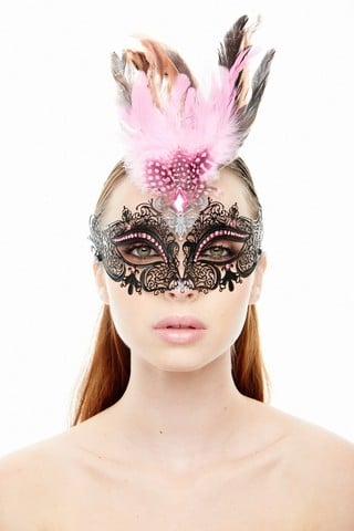 Kayso Fk2001bk-pk Classic Crowne Black Laser Cut Masquerade Mask With Pink Flower Arrangement - One Size