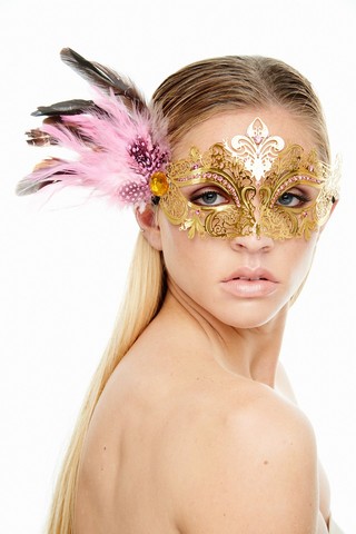 Kayso Fk2001gd-pk Classic Crowne Gold Laser Cut Masquerade Mask With Pink Flower Arrangement - One Size