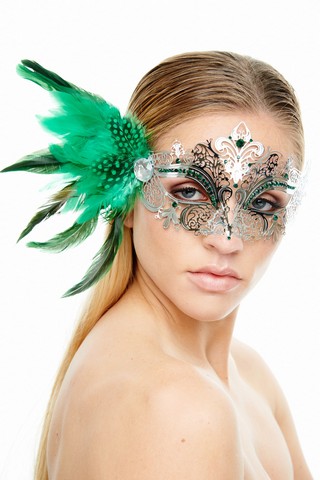 Kayso Fk2001sl-gn Classic Crowne Silver Laser Cut Masquerade Mask With Green Flower Arrangement - One Size