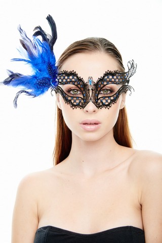 Kayso Fk2002bk-bl Mysterious Elegance Black Laser Cut Masquerade Mask With Blue Feather Arrangement - One Size