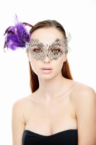 Kayso Fk2002sl-pu Mysterious Elegance Silver Laser Cut Masquerade Mask With Purple Feather Arrangement - One Size