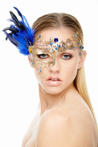 Kayso Fk2007gd-bl Phantom Of The Opera Inspired Gold Laser Cut Masquerade Mask With Blue Feather Arrangement - One Size