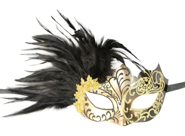 Plastic Royal Venetian Masquerade Mask With Glitter & Feathers, Gold & Black - One Size