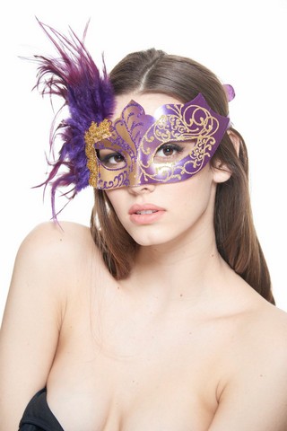 Kayso Fm008gdpu Plastic Royal Venetian Masquerade Mask With Glitter & Feathers, Gold & Purple - One Size