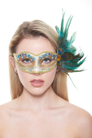 Kayso Fm009a Carnival Plastic Masquerade Mask With Feathers, Gold & Green - One Size