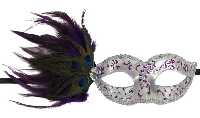 Kayso Fm009d Carnival Plastic Masquerade Mask With Feathers, Silver & Purple - One Size
