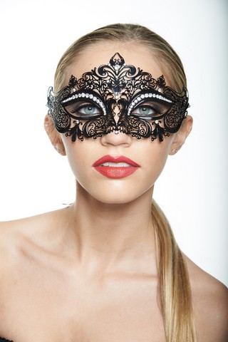Kayso K2001bk Classic Crowne Black Laser Cut Masquerade Mask With Clear Rhinestones - One Size