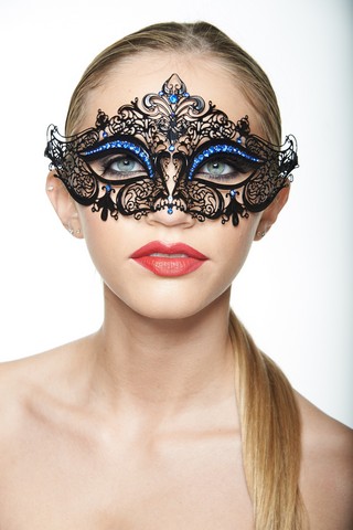 Kayso K2001blbk Classic Crowne Black Laser Cut Masquerade Mask With Blue Rhinestones - One Size