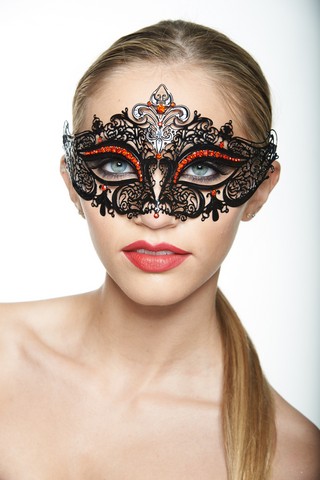 Kayso K2001rdbk Classic Crowne Black Laser Cut Masquerade Mask With Red Rhinestones - One Size