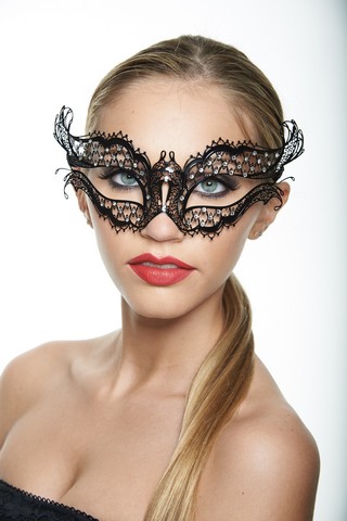 Kayso K2002bk Mysterious Elegance Black Laser Cut Masquerade Mask With Clear Rhinestones - One Size