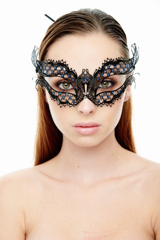 Kayso K2002blbk Mysterious Elegance Black Laser Cut Masquerade Mask With Blue Rhinestones - One Size