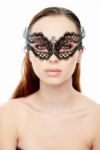 Kayso K2002rdbk Mysterious Elegance Black Laser Cut Masquerade Mask With Red Rhinestones - One Size