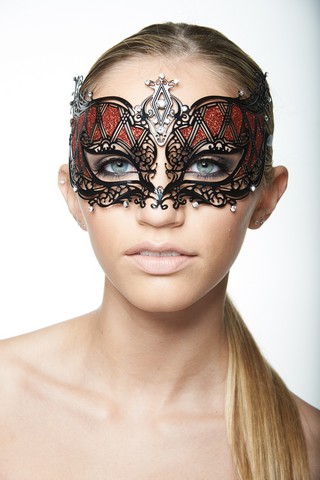 Kayso K2003bkrd Black Crosshatch Laser Cut Masquerade Mask With Red Glitter - One Size