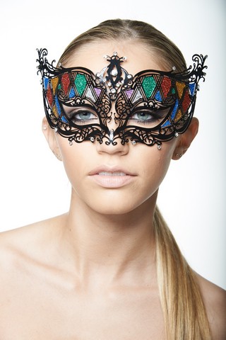 Kayso K2003bkrn Black Crosshatch Laser Cut Masquerade Mask With Rainbow Glitter - One Size
