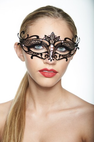 Kayso K2004pkbk Regal Black Floral Laser Cut Masquerade Mask With Pink Rhinestones - One Size