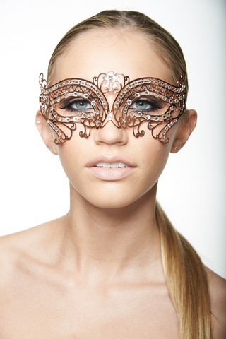 Kayso K2005rg Rose Gold Laser Cut Metal Masquerade Mask With Clear Rhinestones