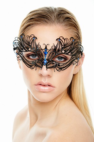 Kayso K2006blbk Black Laser Cut Metal Masquerade Mask With Blue Rhinestones