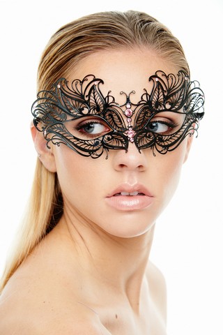 Kayso K2006pkbk Black Laser Cut Metal Masquerade Mask With Pink Rhinestones