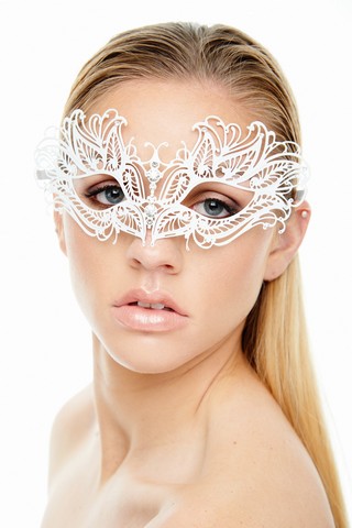 Kayso K2006wh White Laser Cut Metal Masquerade Mask With Clear Rhinestones