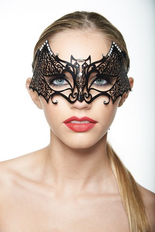 Kayso K2008bk Black Laser Cut Masquerade Mask With Clear Rhinestones