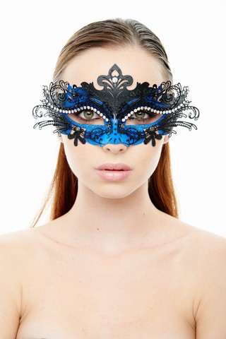Kayso Mep001bkbl Plastic Mask With Black Metal Eye Piece & Clear Rhinestones, Black & Blue