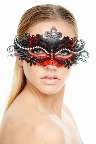 Plastic Mask With Black Metal Eye Piece & Clear Rhinestones, Black & Red