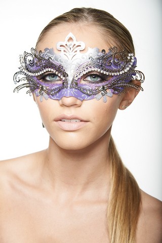 Plastic Mask With Silver Metal Eye Piece & Clear Rhinestones, Purple & Silver