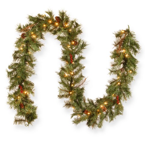 9 Ft. X 10 In. Glisteing Pine Garland With Cones Berries & Twigs With 50 Clear Lights