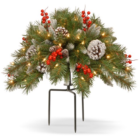 National Tree 18 Ft. Frosted Berry Urn Filler With Cones Red Berries, Tripod Stake & 35 Warm White Battery Operated Led Lights With Timer