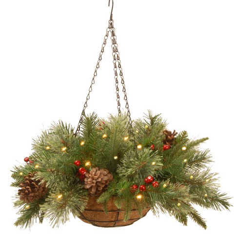 National Tree 20 In. Feel Real Colonial Hanging Basket With Cones, Red Berries, 50 Warm White Battery Operated Led Lights With Timer