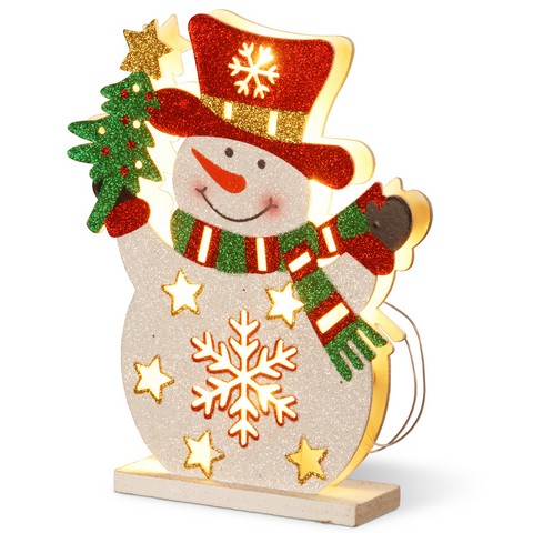 12 In. Wood-look Double Sided Snowman With 10 Warm White Battery Operated Led Lights