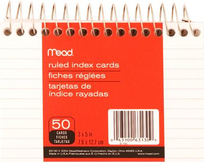 Mead Spiral Bound Index Card, White, 5 x 3 - 50 count