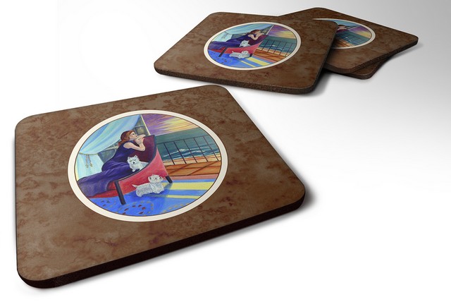 7167FC Lady with Her Westie Foam Coaster, Set of 4