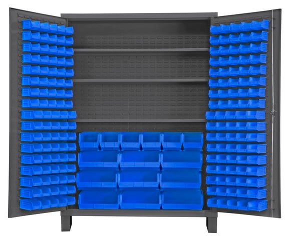 14 Gauge Flush Style Lockable Double Door Storage Cabinet With 185 Blue Hook On Bins & 3 Adjustable Shelves, Gray - 60 In.