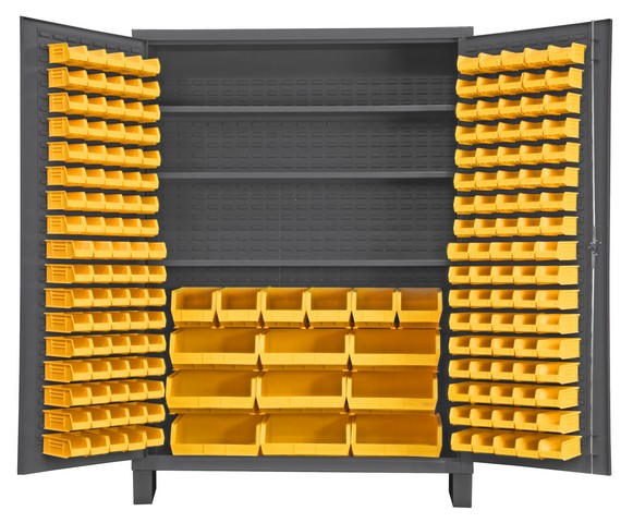 14 Gauge Flush Style Lockable Double Door Storage Cabinet With 185 Yellow Hook On Bins & 3 Adjustable Shelves, Gray - 60 In.