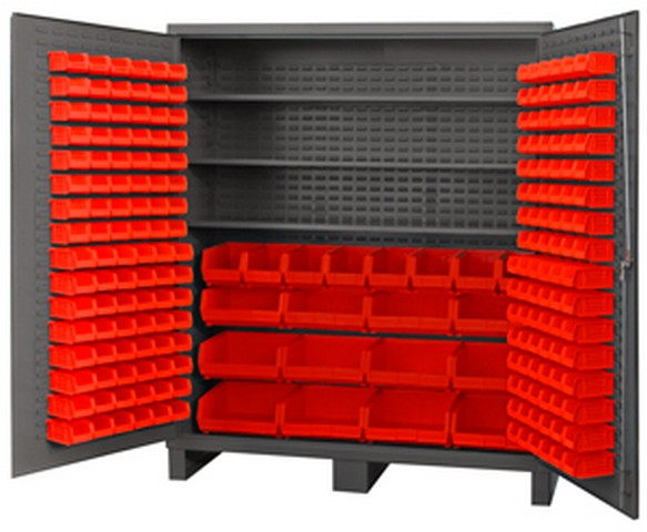 14 Gauge Flush Style Lockable Double Door Storage Cabinet With 212 Red Hook On Bins & 3 Adjustable Shelves, Gray - 72 In.