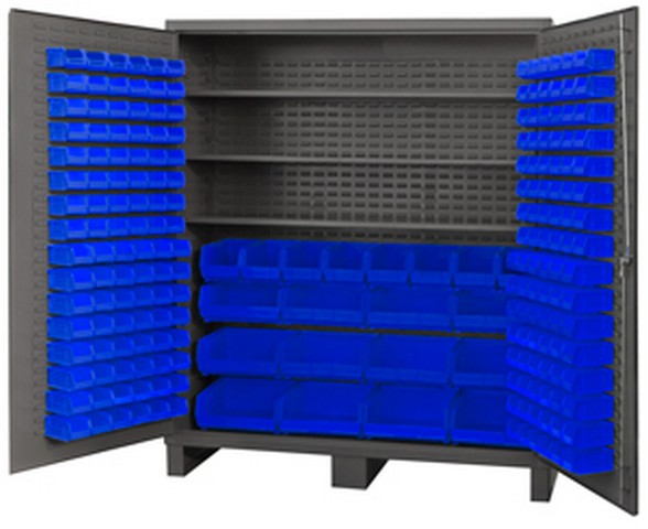 14 Gauge Flush Style Lockable Double Door Storage Cabinet With 212 Blue Hook On Bins & 3 Adjustable Shelves, Gray - 72 In.