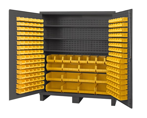 14 Gauge Flush Style Lockable Double Door Storage Cabinet With 212 Yellow Hook On Bins & 3 Adjustable Shelves, Gray - 72 In.