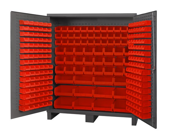14 Gauge Flush Style Lockable Double Door Storage Cabinet With 264 Red Hook On Bins, Gray - 72 In.