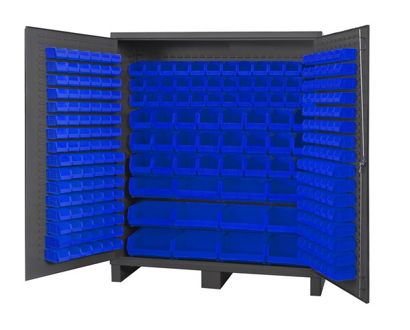 14 Gauge Flush Style Lockable Double Door Storage Cabinet With 264 Blue Hook On Bins, Gray - 72 In.