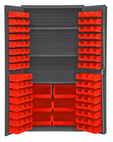 2501-bdlp-102-3s-1795 16 Gauge Flush Door Style Lockable Cabinet With 102 Red Hookon Bins & 3 Adjustable Shelves, Gray - 36 X 24 X 72 In.