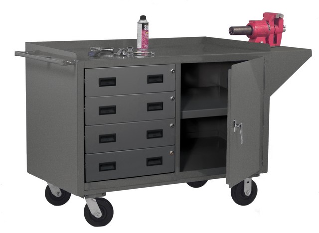 16 Gauge Lockable Mobile Bench Cart With 3 Shelves & 4 Drawers Tubular Push Handled, Gray - 60 In.