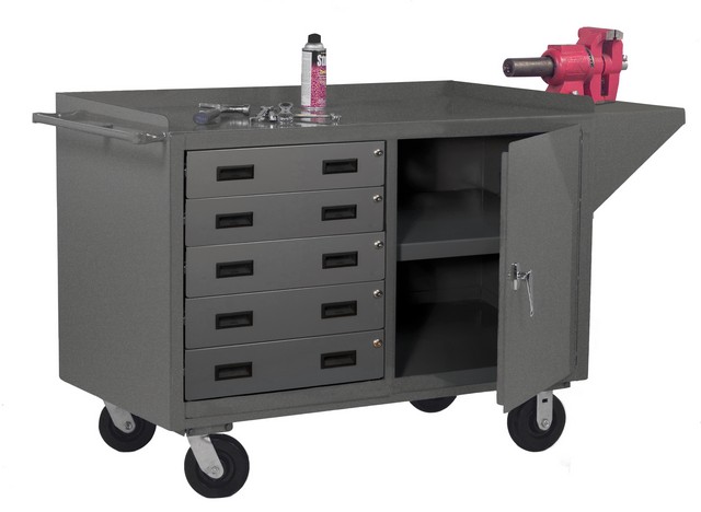 16 Gauge Lockable Mobile Bench Cart With 3 Shelves & 5 Drawers Tubular Push Handled, Gray - 60 In.