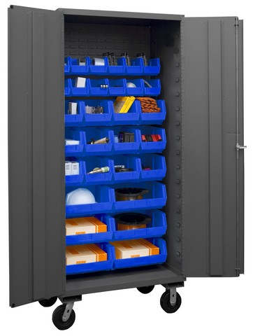 14 Gauge Flush Door Style Lockable Mobile Cabinet With 30 Blue Hook On Bins , Gray - 36 In.