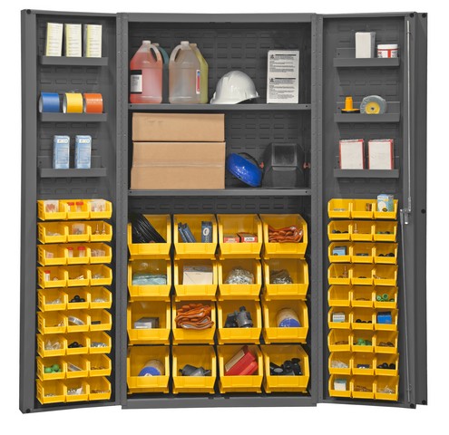 14 Gauge Lockable Cabinet With 64 Yellow Hook On Bins & 2 Adjustable Shelves & 6 Door Shelves, Gray - 36 X 24 X 72 In.