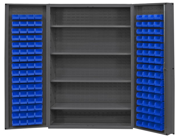 Dc48-128-4s-5295 14 Gauge Deep Door Style Lockable Cabinet With 128 Blue Hook On Bins & 4 Adjustable Shelves, Gray -48 In.