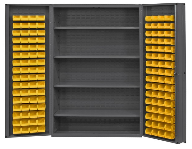 Dc48-128-4s-95 14 Gauge Deep Door Style Lockable Cabinet With 128 Yellow Hook On Bins & 4 Adjustable Shelves, Gray -48 In.